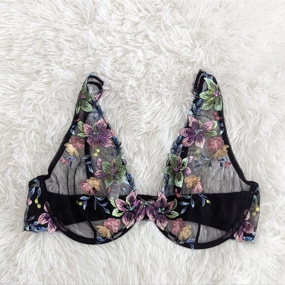 Hanky Panky Other - Women's Hanky Panky Large Black Sheer Bra Embroidered Flowers Sexy Valentine's